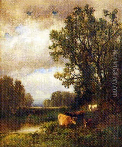 Landscape With Cows Beside A Stream Beneath Stormy Skies, And Mountains In The Background Oil Painting - William M. Hart