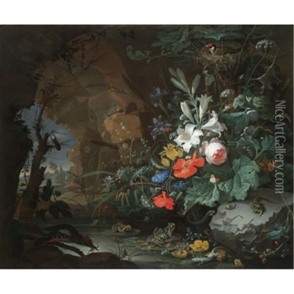 The Interior Of A Grotto With A Rock-pool, Frogs, Salamanders, A Bird's Nest And A Large Bouquet Of Flowers Including Poppies And Lilies, A View Of A Landscape Through The Cave Opening Beyond Oil Painting - Abraham Mignon