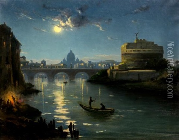 View Of Rome At Night Oil Painting - Henryk Cieszkowski