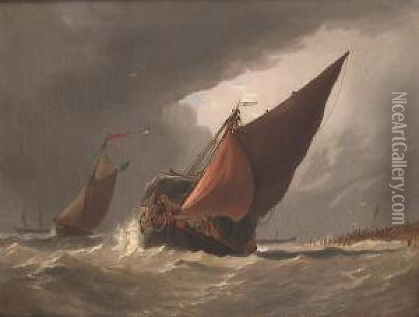 Hay Barges Off Coast Oil Painting - Richard Henry Nibbs