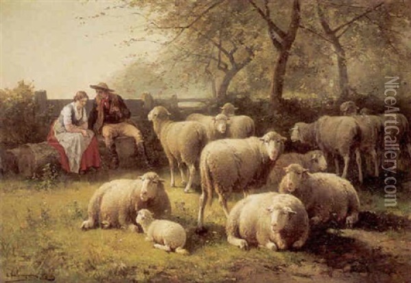 Sheep In A Shady Field With A Couple Seated On A Log Behind Oil Painting - Jan David Col