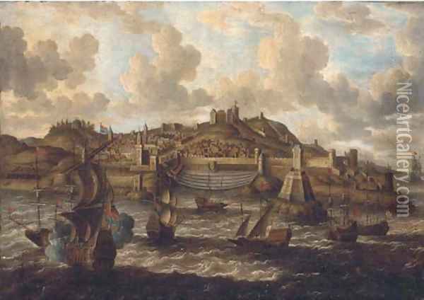 English and Dutch warships and Tunis galeasses before a fortified port, traditionally identified as Valetta Oil Painting - Peter van den Velde