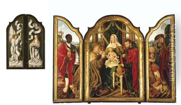 The Holy Family With Melchior Offering Gold To The Christ Child, Balthasar Offering Myrrh, Caspar Offering Incense, The Annunciation (triptych) Oil Painting -  Master of Frankfurt