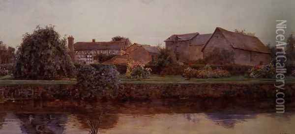 A House and Farm Buildings by a River Oil Painting - Ernest Arthur Rowe
