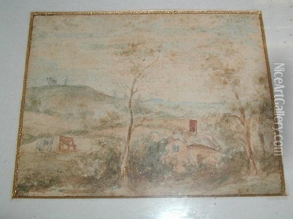 Cattle By A Cottage In An Extensive Landscape Oil Painting - Thomas Gainsborough