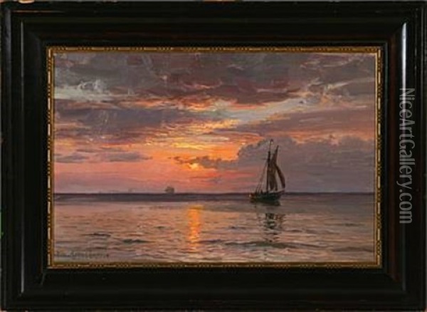 Marine With Sailing Ships At Sunset Oil Painting - Vilhelm Karl Ferdinand Arnesen