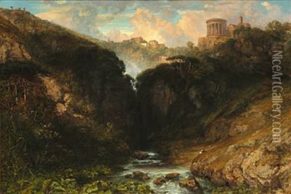 View Of Tivoli In Italy With The Temple Of Vesta And A Rainbow Oil Painting - William Wyld