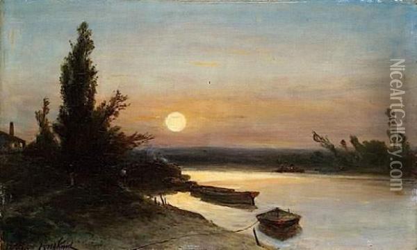 Paysage De Riviere Au Crepuscule 1855 Oil Painting - Johan Barthold Jongkind