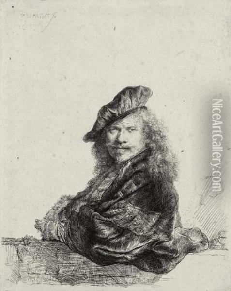 Self-portrait Leaning On A Stone Sill Oil Painting - Rembrandt Van Rijn