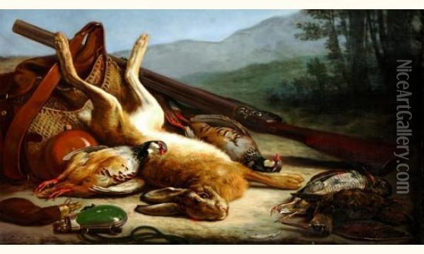 Nature Morte Au Lievre, Perdrix Rouge Et Becasse Oil Painting - Gustave Lassalle-Bordes