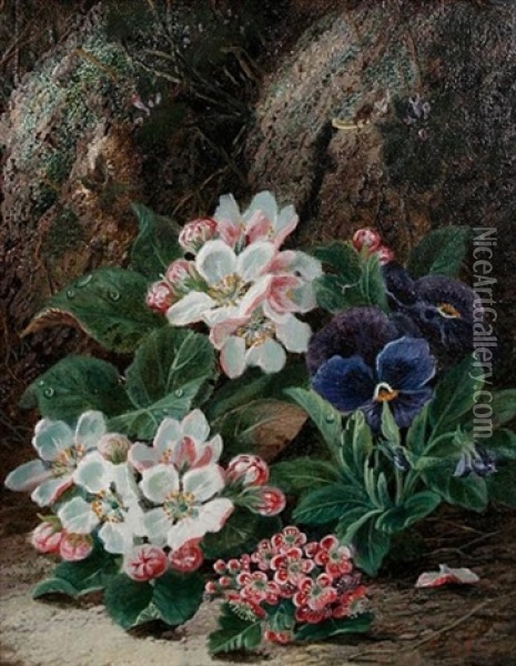 Still Life Of Plums, Apples And Strawberries (+ A Still Life Of Pansies And Primroses; Pair) Oil Painting - Oliver Clare