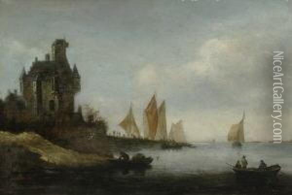 Schlos Mit Eckturmchen Und
 Bootssteg Am Linken Ufer Eines Flusses. Oil Painting - Reinier Van Der Laeck