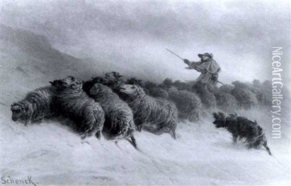 A Shepherd And His Flock Caught In A Driving Snowstorm Oil Painting - August Friedrich Albrecht Schenck