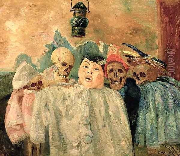 Pierrot and Skeletons, 1907 Oil Painting - James Ensor
