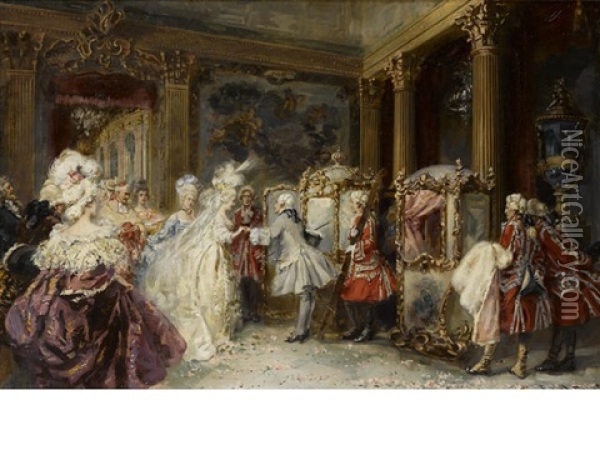 Elegant Figures Entering Sedan Chairs In An Interior Oil Painting - Jean-Paul Sinibaldi