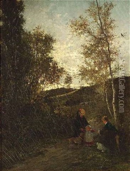 Zwei Frauen Mit Einem Kind Und Hund In Wolkenverhangener Landschaft Oil Painting - Theodor Her