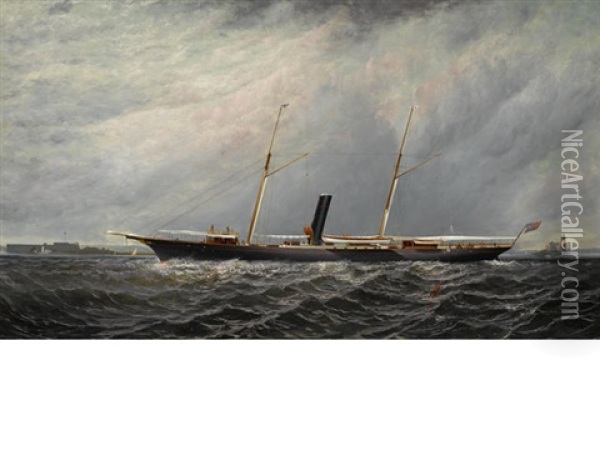 The Yacht Stranger Of New York Yacht Club Off Execution Lighthouse Oil Painting - Elisha Taylor Baker