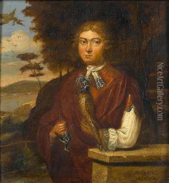 Portrait Of A Youth, Half-length, In A Landscape Holding A Falcon And A Dead Starling Oil Painting - Monogrammist: A. D. K