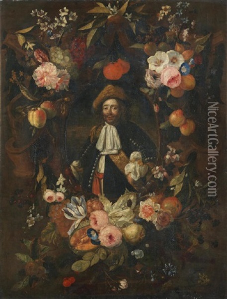 Portrait Of A Gentleman, Half-length, Surrounded By A Garland Of Flowers And Fruit Oil Painting - Jan Pauwel Gillemans The Elder