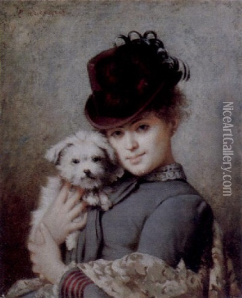 Junge Frau Mit Kleinem Hund Oil Painting - Eugene Accard