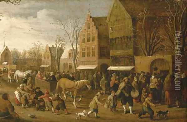 A town view with figures gathered in the street Oil Painting - Joost Cornelisz. Droochsloot