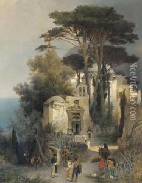 Villagers By A Square In Southern Italy Oil Painting - Oswald Achenbach