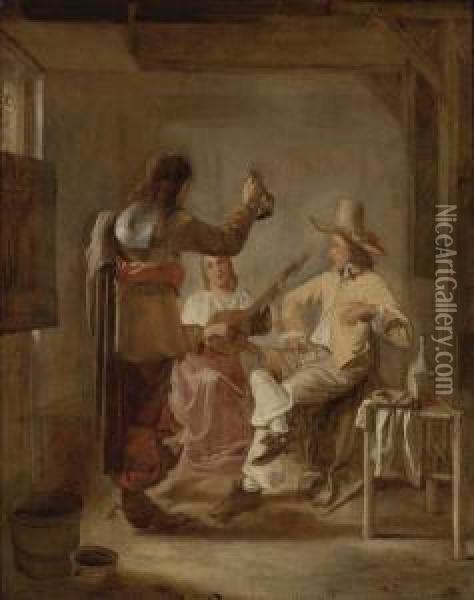 Two Soldiers And A Girl With A Lute Oil Painting - Hendrick Van Der Burch