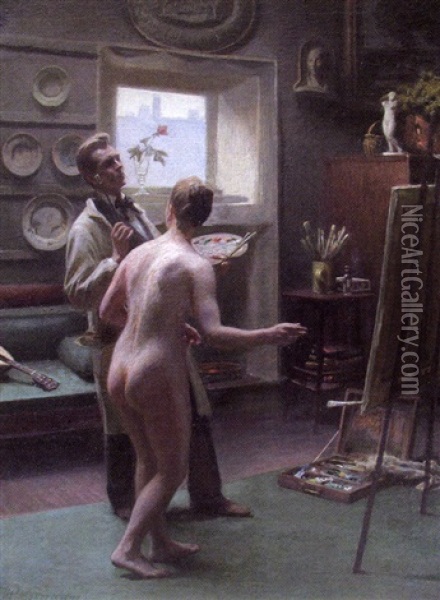 Le Peintre Et Son Modele Dans L'atelier Oil Painting - Hans Ole Brasen