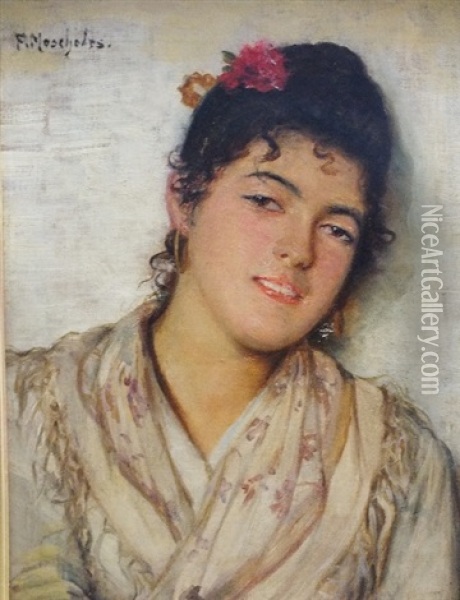 Portrait Of A Spanish Girl, Head And Shoulders, A Rose Decorating Her Hair Oil Painting - Felix Stone Moscheles