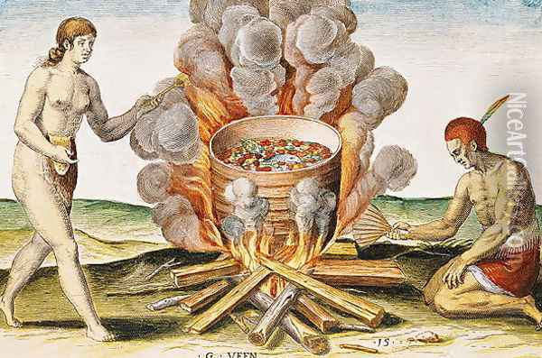 Cooking Food in a Terracotta Pot, from Admiranda Narratio... , engraved by Gysbert van Veen (1562-1628) engraved by Theodore de Bry (1528-98) 1585-88 Oil Painting - John White