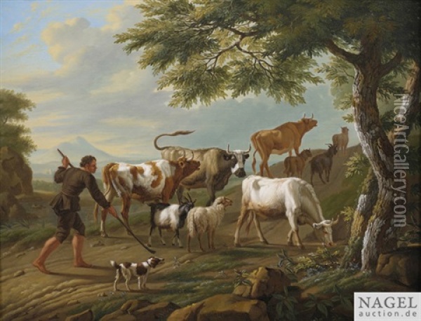 Ein Hirte Treibt Seine Herde Vor Sich Her Oil Painting - Jan van Gool