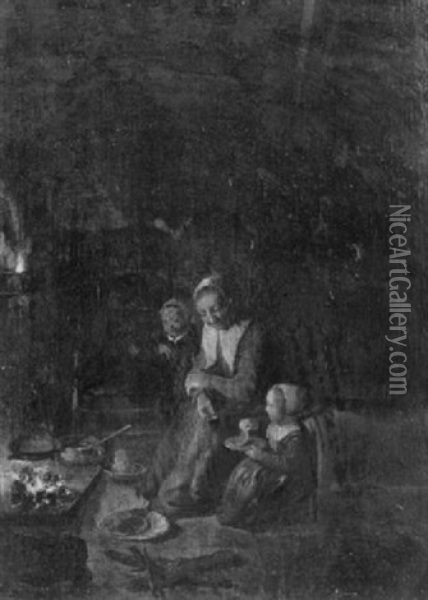 A Mother Seated With Her Children By A Fireplace In A Kitchen Oil Painting - Quiringh Gerritsz van Brekelenkam