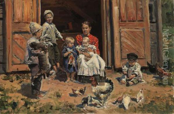 Mother And Children On The Farm Oil Painting - Vladimir Egorovic Makovsky