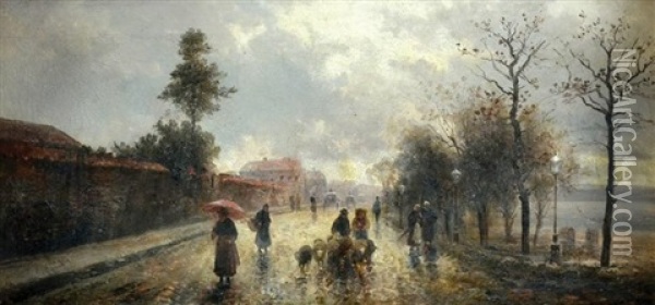 Figure And Sheep In The Street Oil Painting - Emil Barbarini