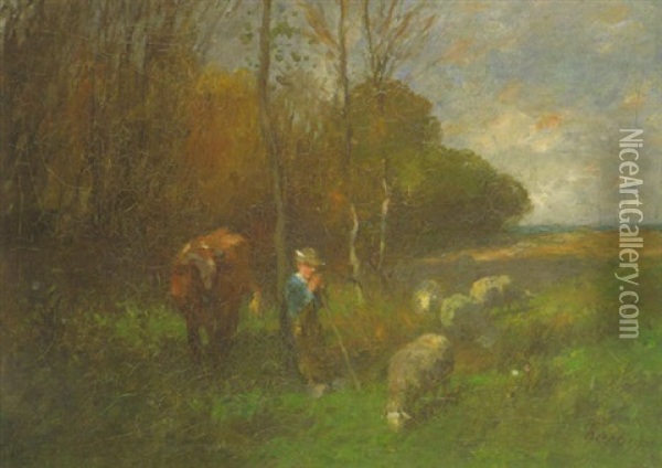 Hirtenknabe Mit Seiner Herde In Landschaft Oil Painting - Thomas Herbst