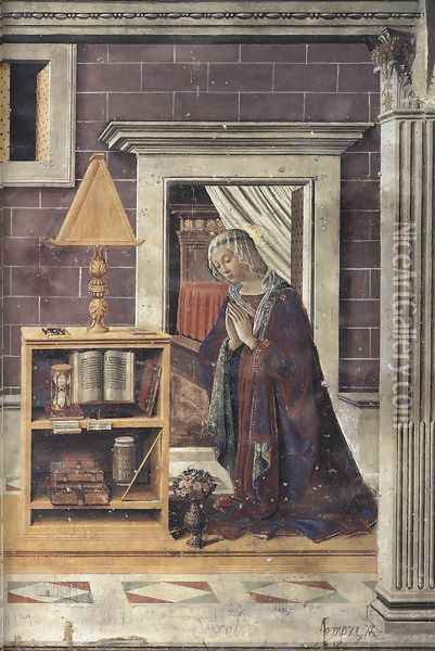 Annunciation (detail-2) c. 1482 Oil Painting - Bastiano Mainardi