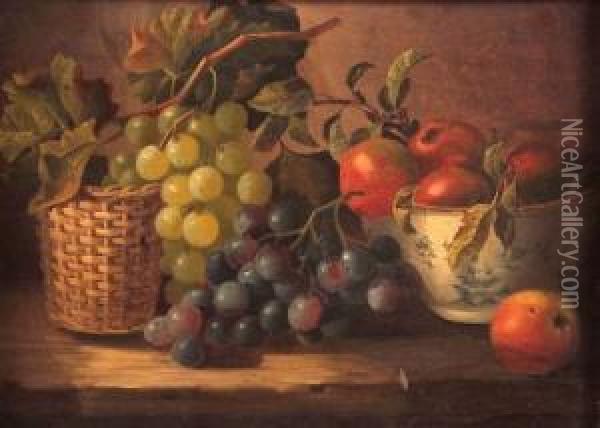 Still Life Study Of Grapes, Basket And Bowlof Apples On A Table Ledge Oil Painting - Maria Margitson