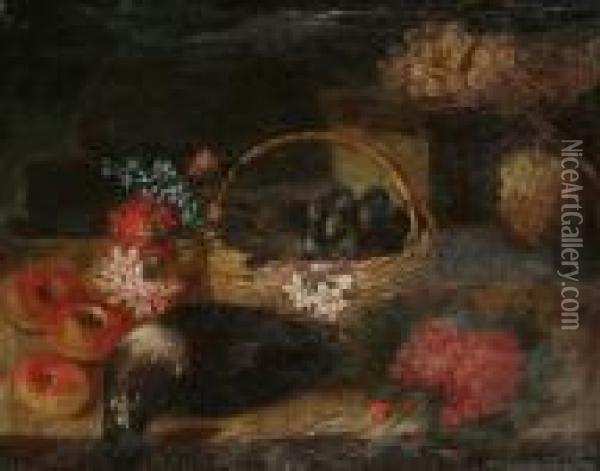 A Still Life Of Fruit And Dead Bird On A Stone Ledge Oil Painting - Vicenzino