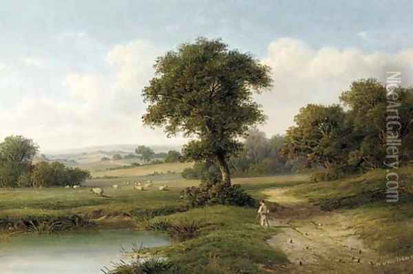 A shepherd by a pond in a wooded landscape Oil Painting - William Heath