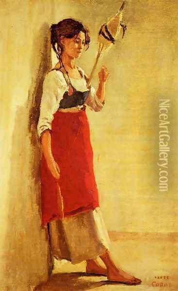 Young Italian Woman from Papigno with Her Spindle Oil Painting - Jean-Baptiste-Camille Corot