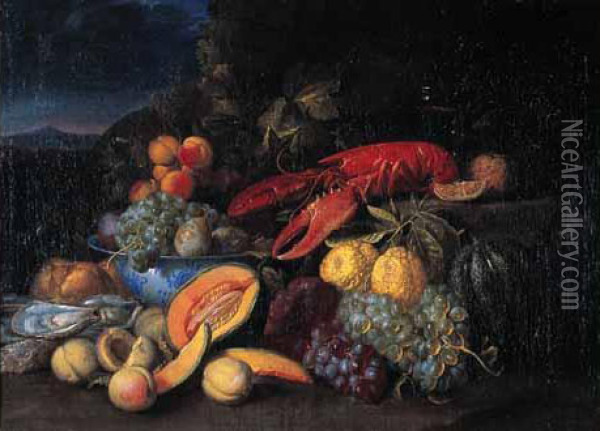 Nature Morte Aux Fruits, Au Homard Et Aux Huitres Dans Un Paysage. Oil Painting - Alexander Coosemans