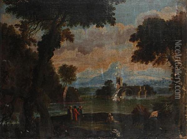 Figures Conversing In An Italianate Landscape Oil Painting - Gaspard Dughet Poussin
