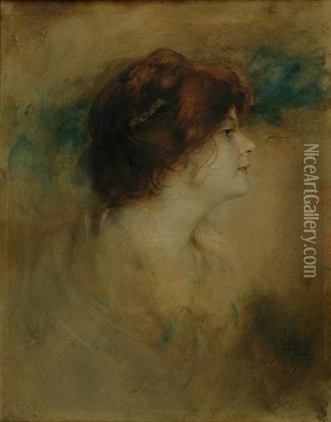 A Portrait Of A Woman In Profile (the Artist's Wife, Lolo?) Oil Painting - Franz Seraph von Lenbach