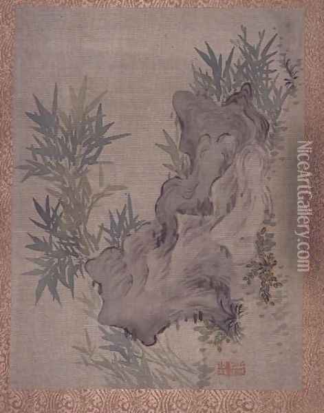 Bamboo and Rocks, from an album of twelve studies of Flowers, Birds and Fish Oil Painting - Tsubaki Chinzan