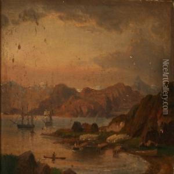 Liner Off The Coast Near A Trading Station Orsettlement Oil Painting - Anton Melbye