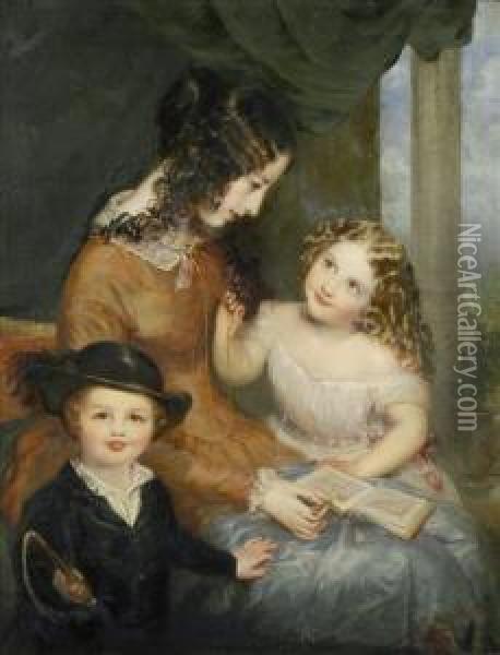 The Children Ofmrs. Orme Foster, In A Loggia, A Book On Her Knee Before A Drapeand Stone Pillar Oil Painting - Richard Rothwell