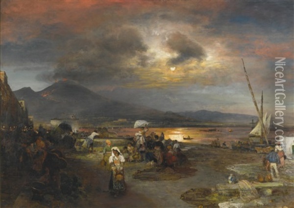The Bay Of Naples, Vesuvius Beyond Oil Painting - Oswald Achenbach