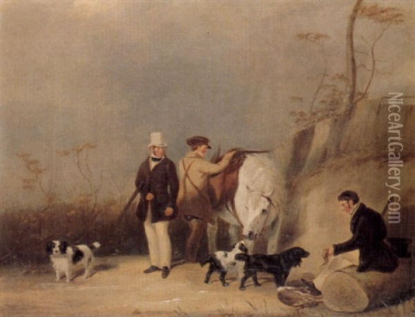 Sportsmen In A Landscape With Spaniels And Game Oil Painting - Abraham Cooper