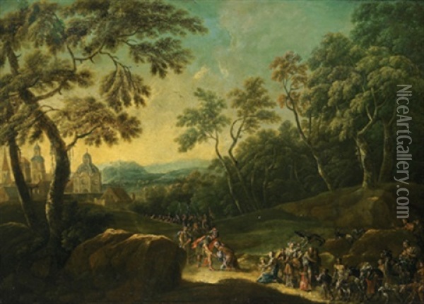 Die Begegnung Zwischen Jacob Und Esau In Einer Bewaldeten Landschaft, Im Hintergrund Eine Stadt Oil Painting - Johann Georg Platzer