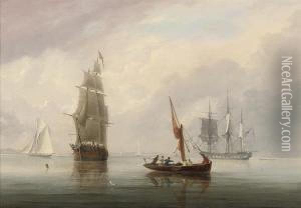 A Three-masted Merchantman In A 
Light Breeze Off Avonmouth, With Aroyal Navy Frigate Anchored And Drying
 Her Sails Offshore Oil Painting - Joseph Walter